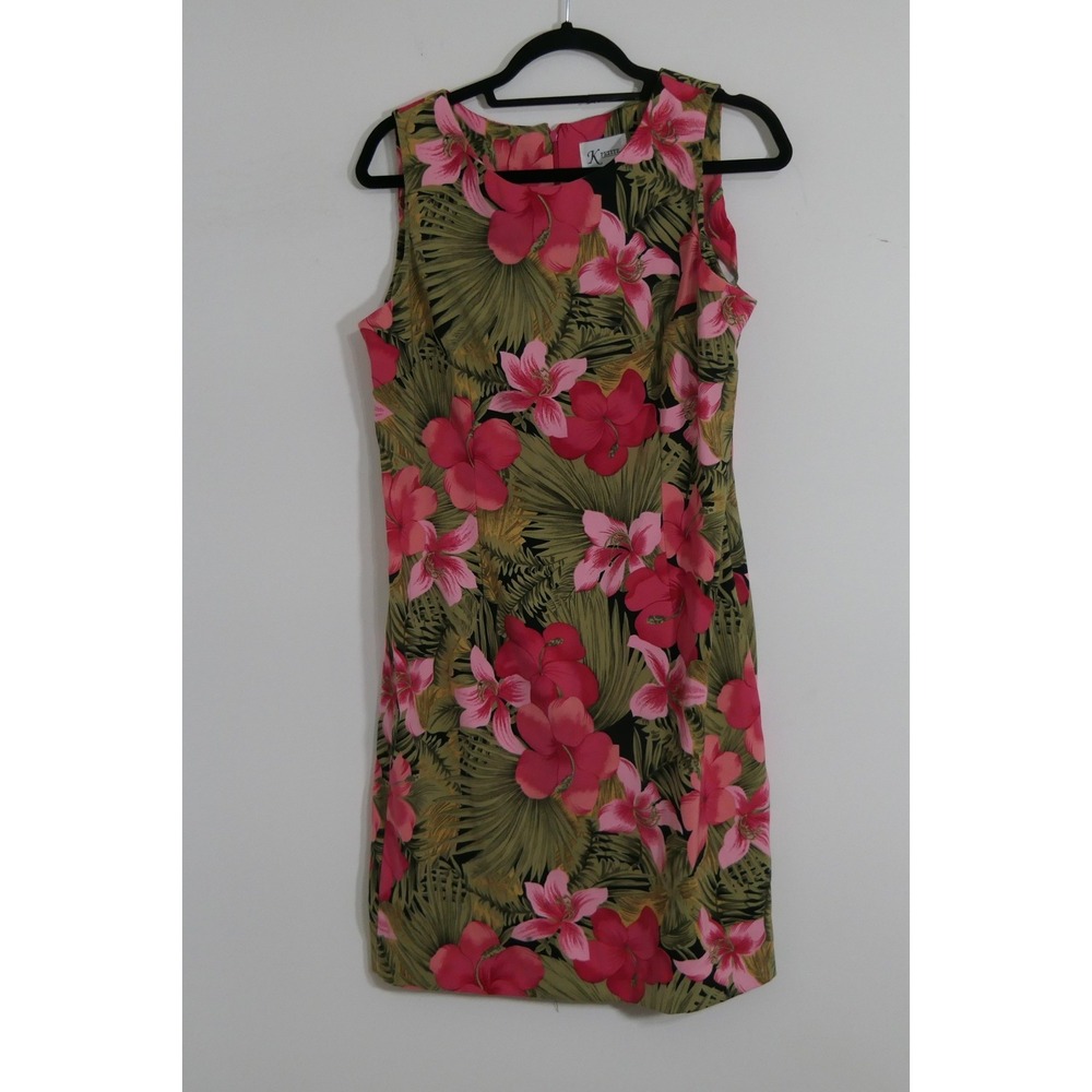 K Petite Women Shift Dress 14P Pink Green Tropical Hibiscus Floral Vacation